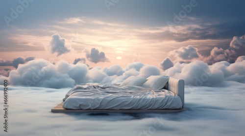 As the sunrise illuminates the winter landscape, a bed in the clouds rests peacefully amidst the snowy sky, covered in a blanket of ethereal beauty