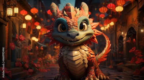 Dragon on the night of street city, Chinese new year, AI generated