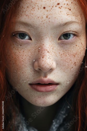 A fiery-haired woman gazes intensely at the camera, her skin glowing in the closeup as her freckles and lush eyelashes frame her piercing eyes and bold red lips