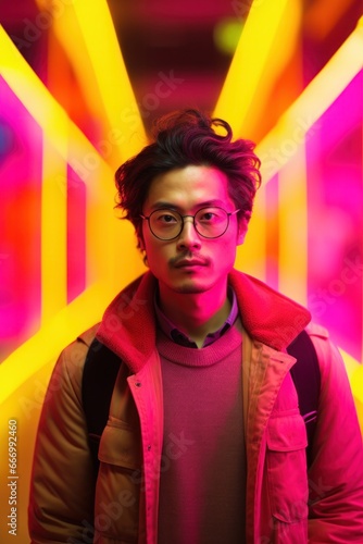 A stylish man with a purple jacket and violet glasses, carrying a magenta backpack, stands indoors surrounded by vibrant art, embodying a fusion of fashion and creativity
