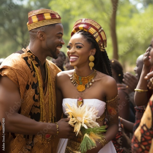 A bride and groom dance under a tree, adorned in traditional clothing and headpieces, surrounded by vibrant flowers and fans, capturing the essence of tradition and love in an outdoor wedding ceremon photo