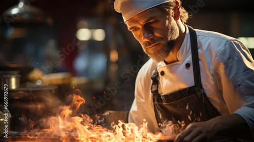 Dedicated Chef Mastering the Flames in Intense Kitchen Scene © _veiksme_