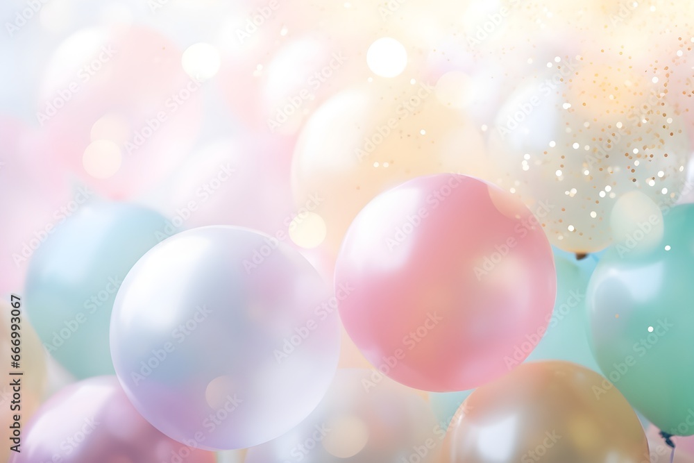 background of multi-colored air balloons in delicate pastel shades, holiday greetings, congratulations, birthday party