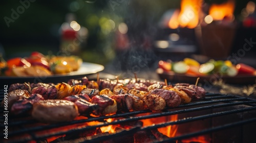 Delicious Grilled Goodies Sizzling With Mouthwatering Aromas. Cuts of meat and vegetables cooking on the BBQ grill plate.