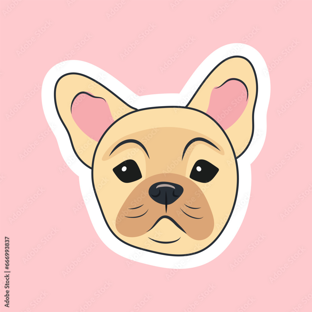 Sticker Head of a cute beige French bulldog puppy on a pink background Sticker Head of a cute beige French bulldog puppy on a pink background
