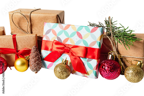 Christmas gift boxes and pine cones and branches isolated on white or transparent background.