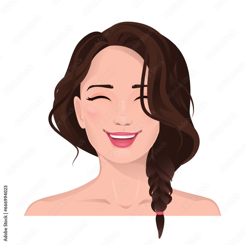 Face portrait of women with brown hair. Facial expression with smiling gesture isolated vector illustration. Avatar for a social network. Vector flat illustration, web, design, beauty and make up. Face portrait of women with brown hair. Facial expression with smiling gesture isolated vector illustration. Avatar for a social network. Vector flat illustration, web, design, beauty and make up.