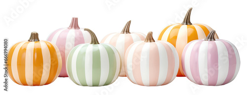 Beautiful, colorful, and striped painted pumpkins for Halloween or Thanksgiving, in pastel colors, on a white or transparent background. photo