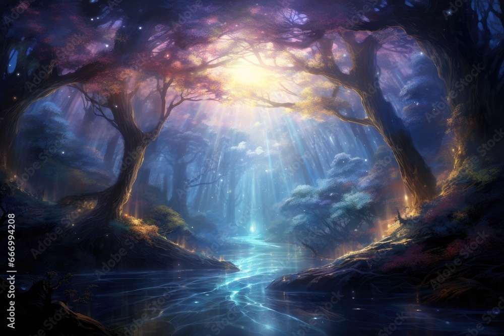 Celestial river flowing with ethereal light under a heavenly canopy.