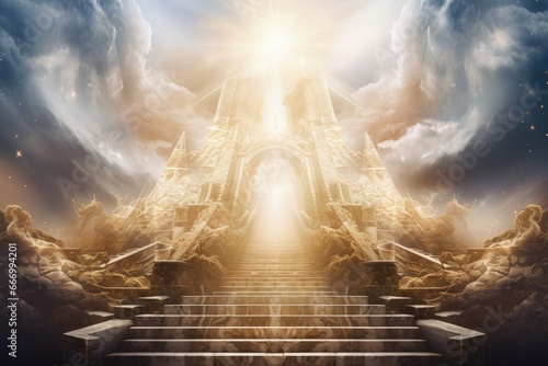 Celestial stairway ascending towards a luminous heavenly portal.