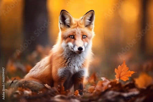 Cute Red Fox, Vulpes vulpes, fall forest, Beautiful animal in the nature habitat, Orange fox, detail portrait, soft light photography © alisaaa