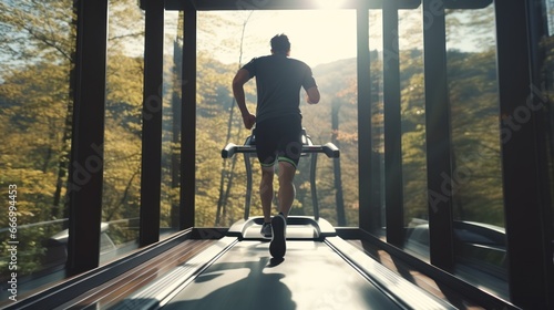 Running man practice on treadmill at the fitness.