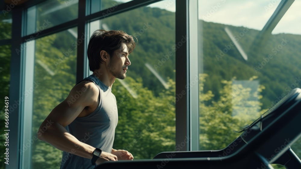 Naklejka premium Running man practice on treadmill at the fitness.