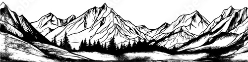 Hand-drawn vector sketch featuring graphic mountains and pine forest, depicting a natural landscape. This banner illustration is a manual creation, not generated by AI