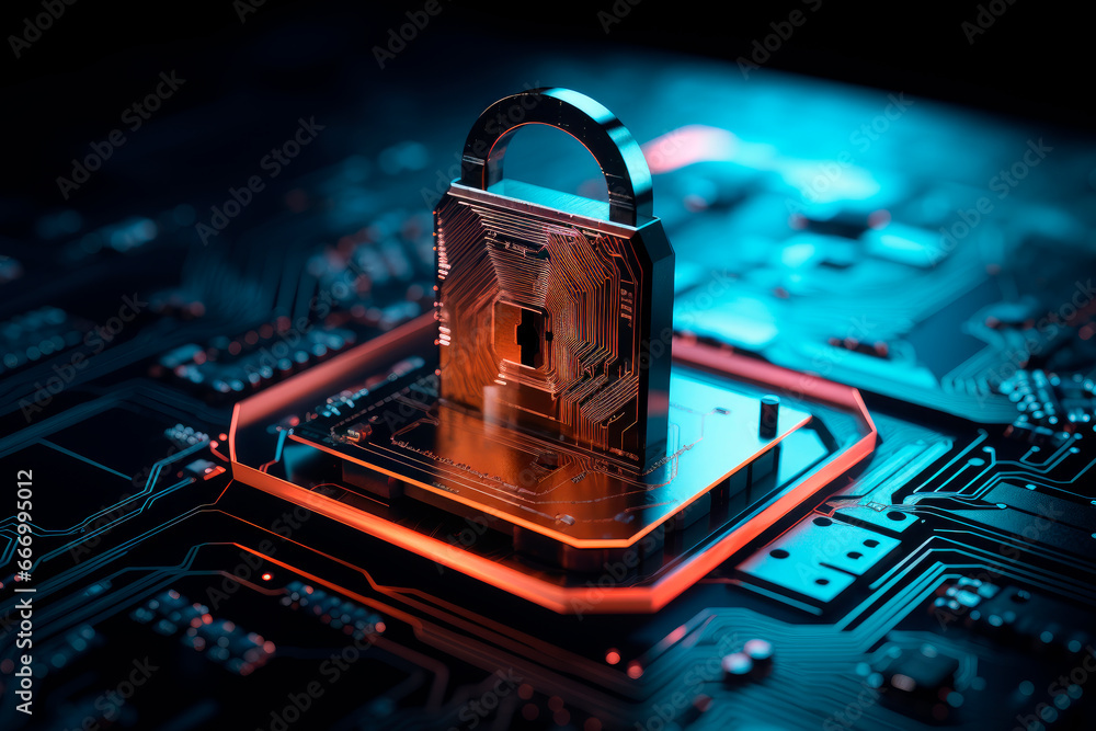 Padlock on computer motherboard, cyber security concept - obrazy, fototapety, plakaty 