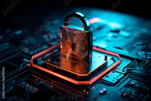 Padlock on computer motherboard, cyber security concept