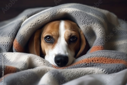 Cute dog Beagle is lying on the bed under knitted blankets and sweaters, Low air temperature in the house, The concept of heating a house in cold winter or autumn, aesthetic look