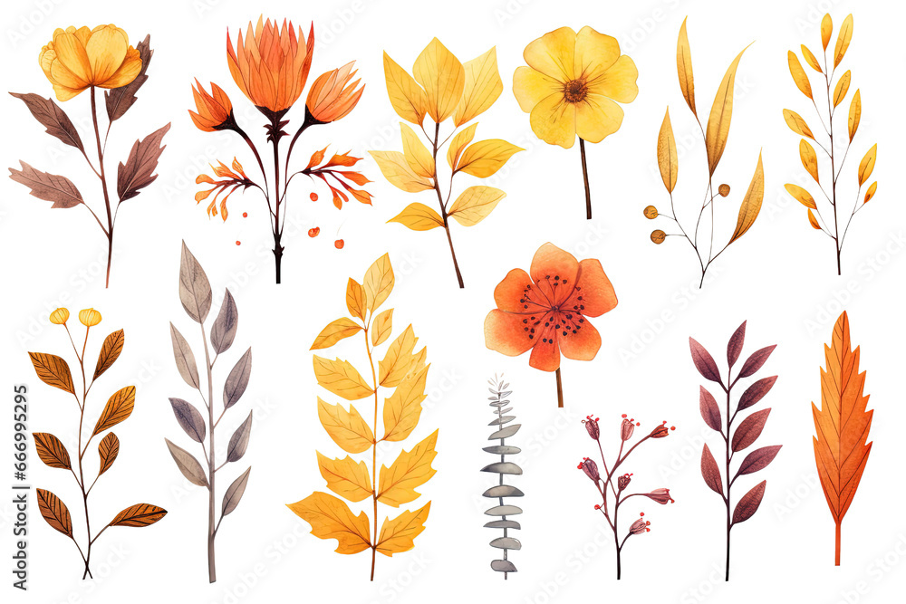 Set of Autumn Flowers Watercolor Clip Art Illustration on a white or Transparent Background. PNG