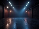 A dark empty street, dark background, an empty dark scene, neon light, spotlights The asphalt floor and studio room with smoke float up the interior texture, Generative AI