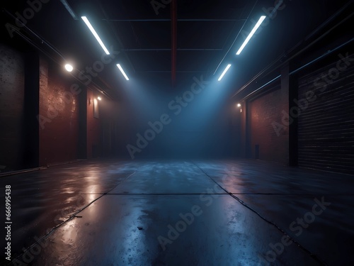 A dark empty street, dark background, an empty dark scene, neon light, spotlights The asphalt floor and studio room with smoke float up the interior texture, Generative AI © WOW Media Austria