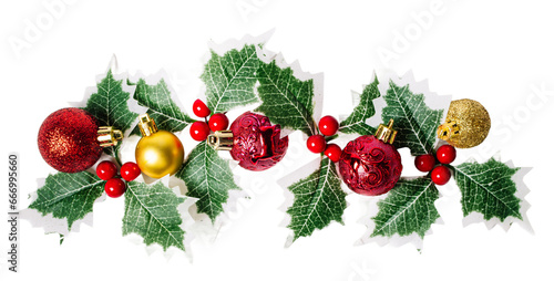 Christmas Holly Leaves and balls ornament, isolated on white or transparent background.
