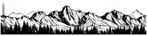 Black and white wall paintings of mountain ranges  symbolic landscapes  trees  banner vector illustration created by hand not AI