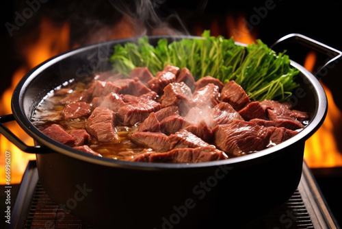 fanning steamy beef teriyaki in a cooking pot