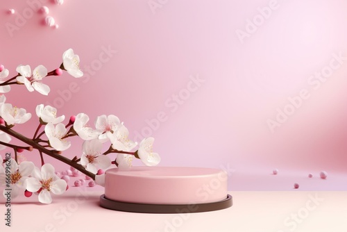 3D background with pink podium display, sakura pink flower on pastel silk cloth, cosmetic or beauty product promotion step floral pedestal, abstract minimal advertise, 3D render copy. Generative AI