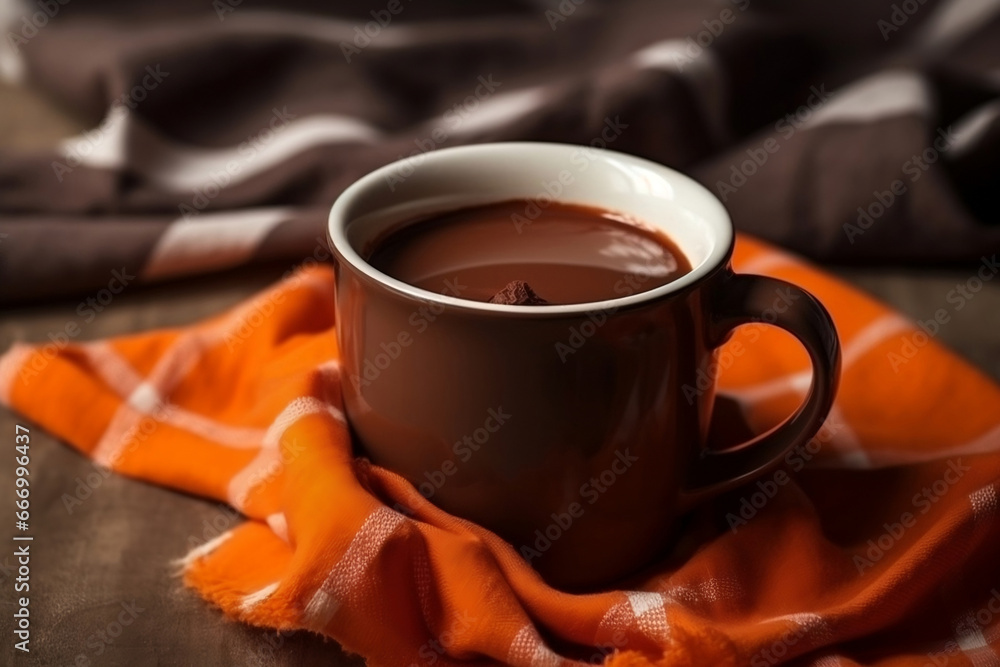 Detail of a mug with hot chocolate on the napkin colored in brown generative ai