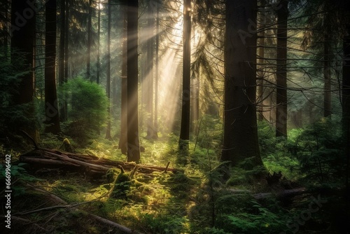 Forest with sun rays. Generative AI