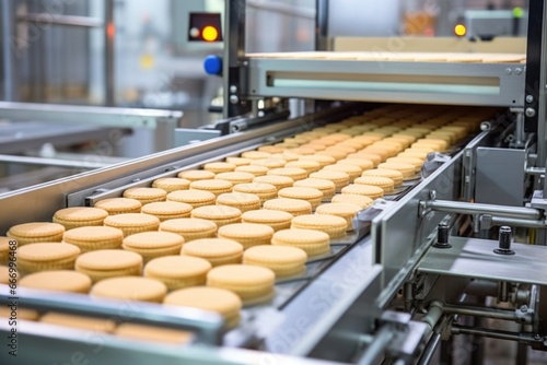 biscuits entering a wrapping unit on a conveyor belt
