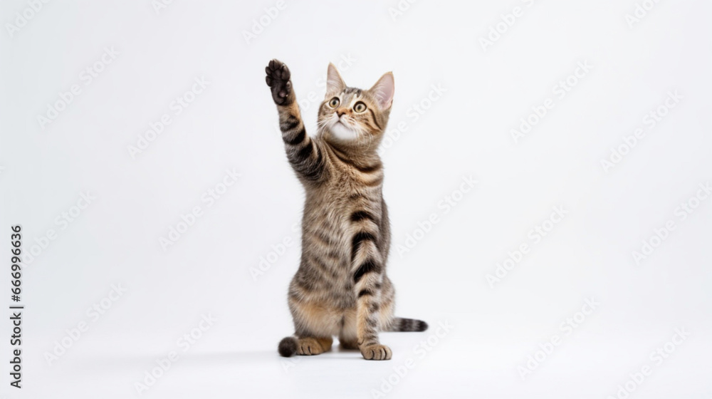 Fototapeta premium Tabby cat stands on its hind legs on white background, vet pets concept. Generated AI