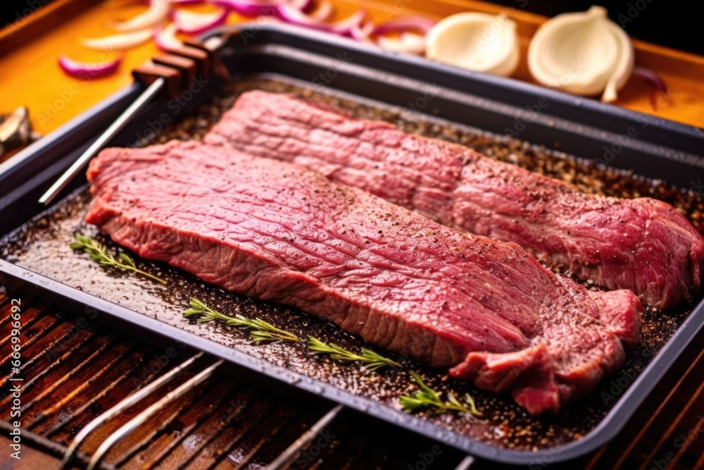 grilled brisket in a baking pan, cooking thermometer inserted