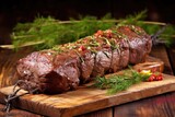 a close-up of a skewer of churrasco on a wooden table
