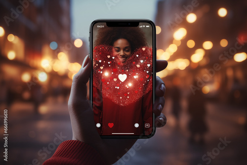concept of virtual hugs by photographing a video call or social media interaction where people share their love and support from afar. Include copy space for heartfelt messages. Ph