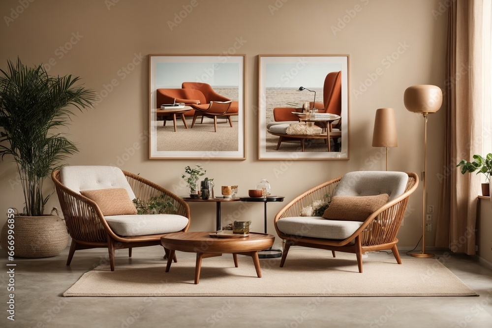 Lounge chairs and round wooden coffee table against of beige wall with mock up poster frames. Mid century interior design of modern living room Lounge chairs and round wooden coffee table against of beige wall with mock up poster frames. Mid century interior design of modern living room