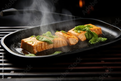 a plate of pan-grilled tofu with steam rising