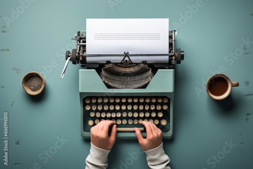 writer's hand poised above a blank page, ready to create a world with words. Include a typewriter or inkwell in the frame and space for the event details. Handwriting Day. With cop photo