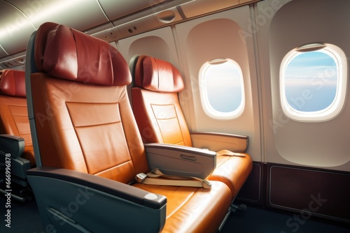 a business class airplane cabin with comfortable leather seats © studioworkstock
