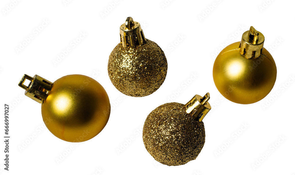 Gold Ornamental Christmas balls, isolated on white or transparent background.