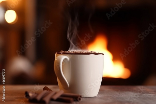 Detail of a mug with hot chocolate on the table and fireplace generative ai