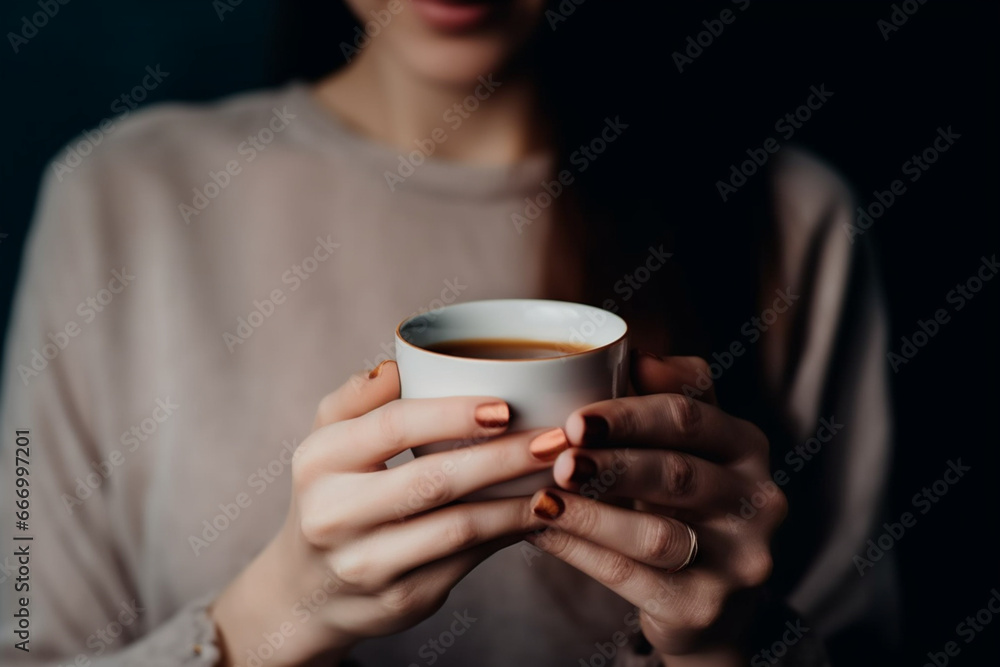 Cropped view of woman holding cup of coffee or tea closeup, dark light photography Cropped view of woman holding cup of coffee or tea closeup, dark light photography