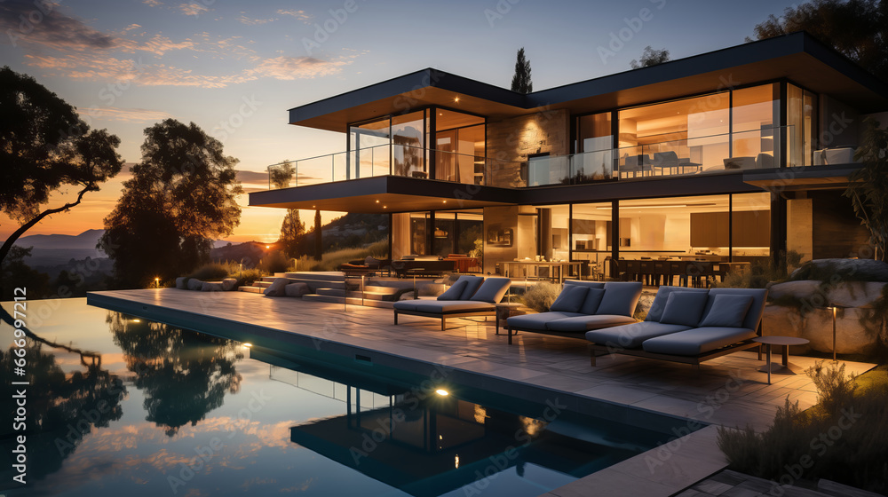 Fototapeta premium Modern exterior of a luxury villa in a minimal style. Glass house in the mountains. Magnificent mountain views from the veranda of a modern villa Luxury glamping sunset