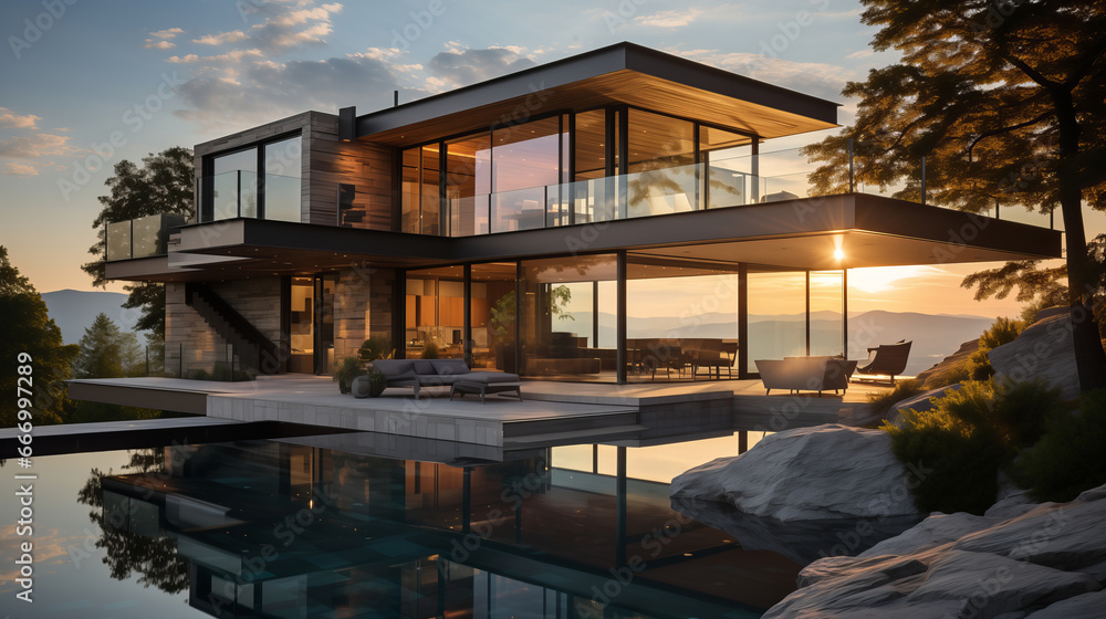 Modern exterior of a luxury villa in a minimal style. Glass house in the mountains. Magnificent mountain views from the veranda of a modern villa Luxury glamping sunset Modern exterior of a luxury villa in a minimal style. Glass house in the mountains. Magnificent mountain views from the veranda of a modern villa Luxury glamping sunset