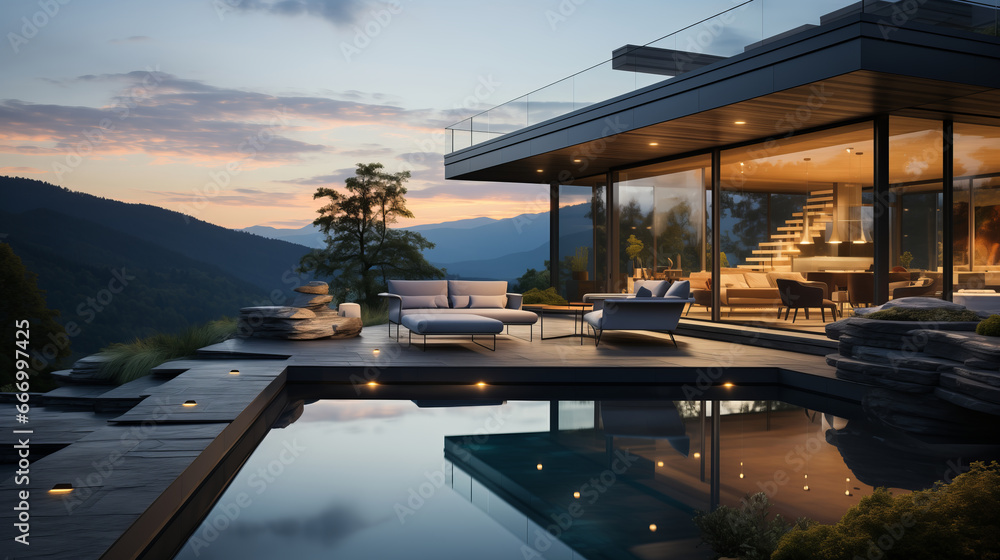 Fototapeta premium Modern exterior of a luxury villa in a minimal style. Glass house in the mountains. Magnificent mountain views from the veranda of a modern villa Luxury glamping sunset