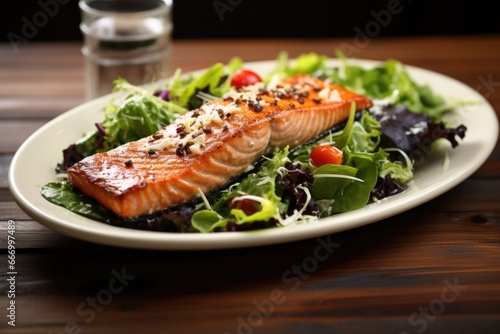 salmon fillet on a bed of fresh salad