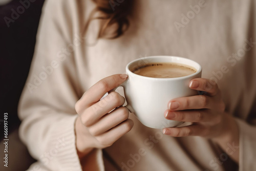Cropped view of woman holding cup of coffee or tea closeup, soft light photography