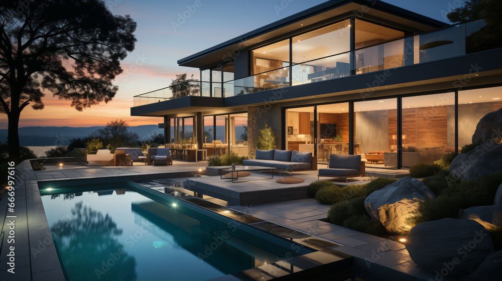 Modern exterior of a luxury villa in a minimal style. Glass house in the mountains. Magnificent mountain views from the veranda of a modern villa Luxury glamping sunset Modern exterior of a luxury villa in a minimal style. Glass house in the mountains. Magnificent mountain views from the veranda of a modern villa Luxury glamping sunset