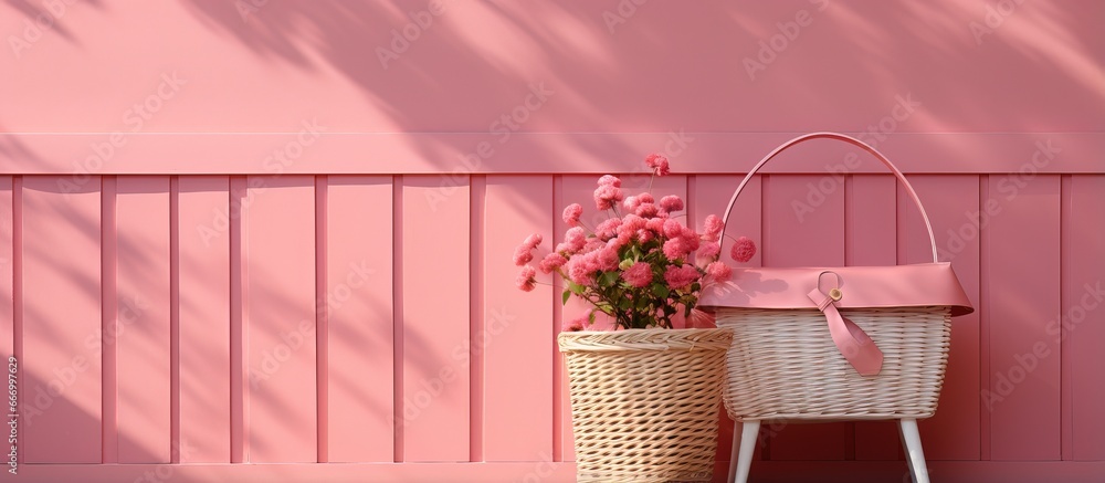 Placed in the back of the house a basket of pink Placed in the back of the house a basket of pink