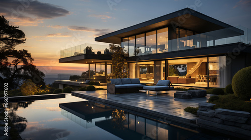 Modern exterior of a luxury villa in a minimal style. Glass house in the mountains. Magnificent mountain views from the veranda of a modern villa Luxury glamping sunset © ND STOCK